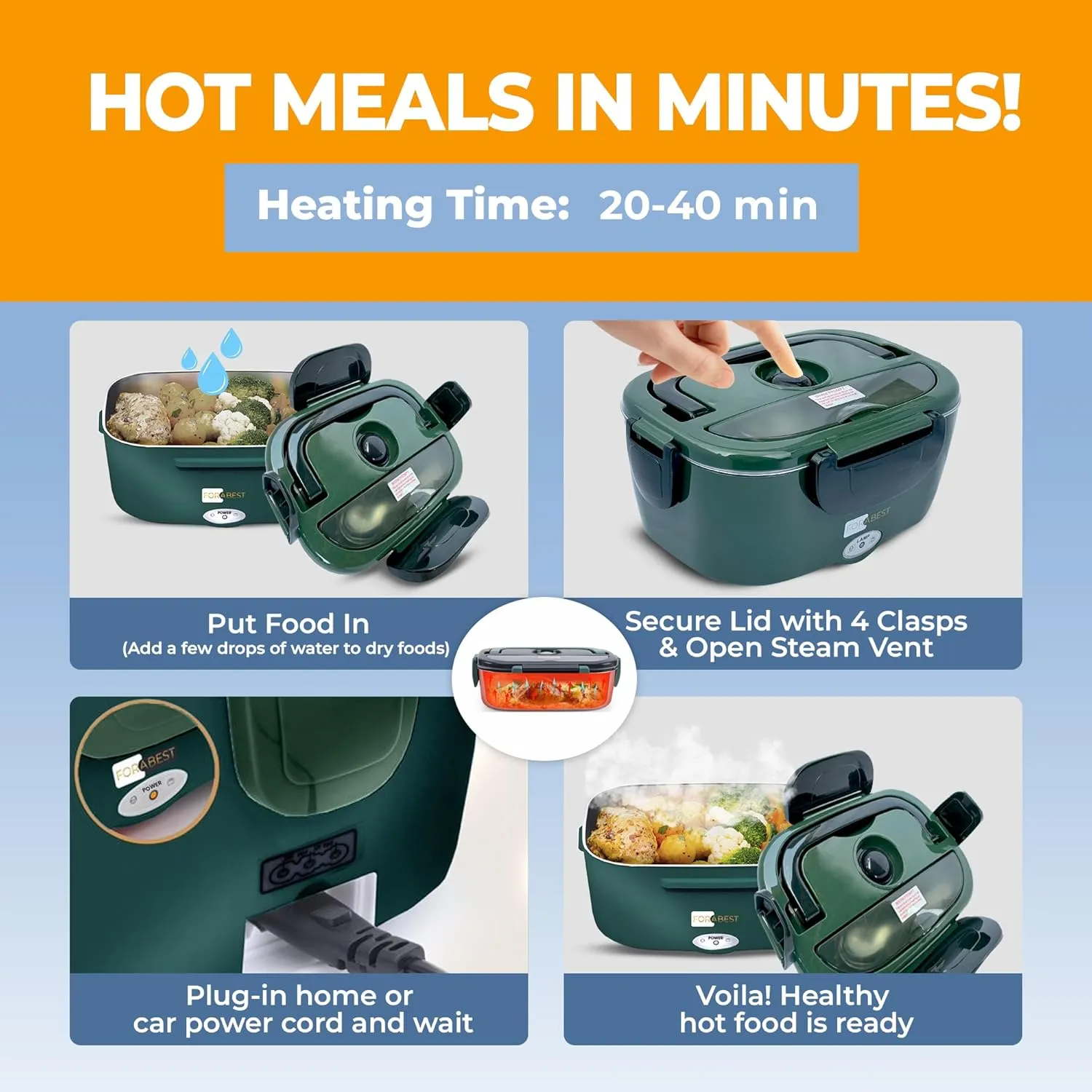 FORABEST Electric Lunch Box for Adults – 80W Fast-Heated Lunch Box, 1.5L Stainless Steel Portable Food Warmer, 12/24V for Car/Truck & 110/220V for Office/Travel – Lonchera Eléctrica Portátil