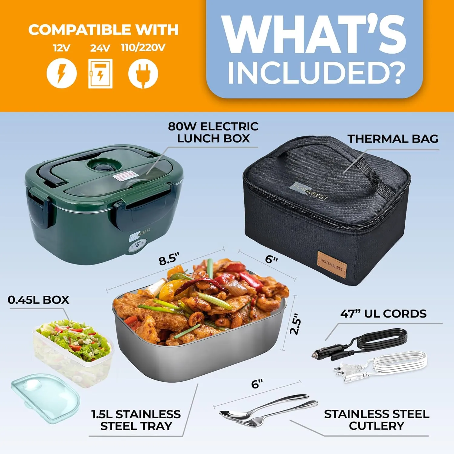 FORABEST Electric Lunch Box for Adults – 80W Fast-Heated Lunch Box, 1.5L Stainless Steel Portable Food Warmer, 12/24V for Car/Truck & 110/220V for Office/Travel – Lonchera Eléctrica Portátil