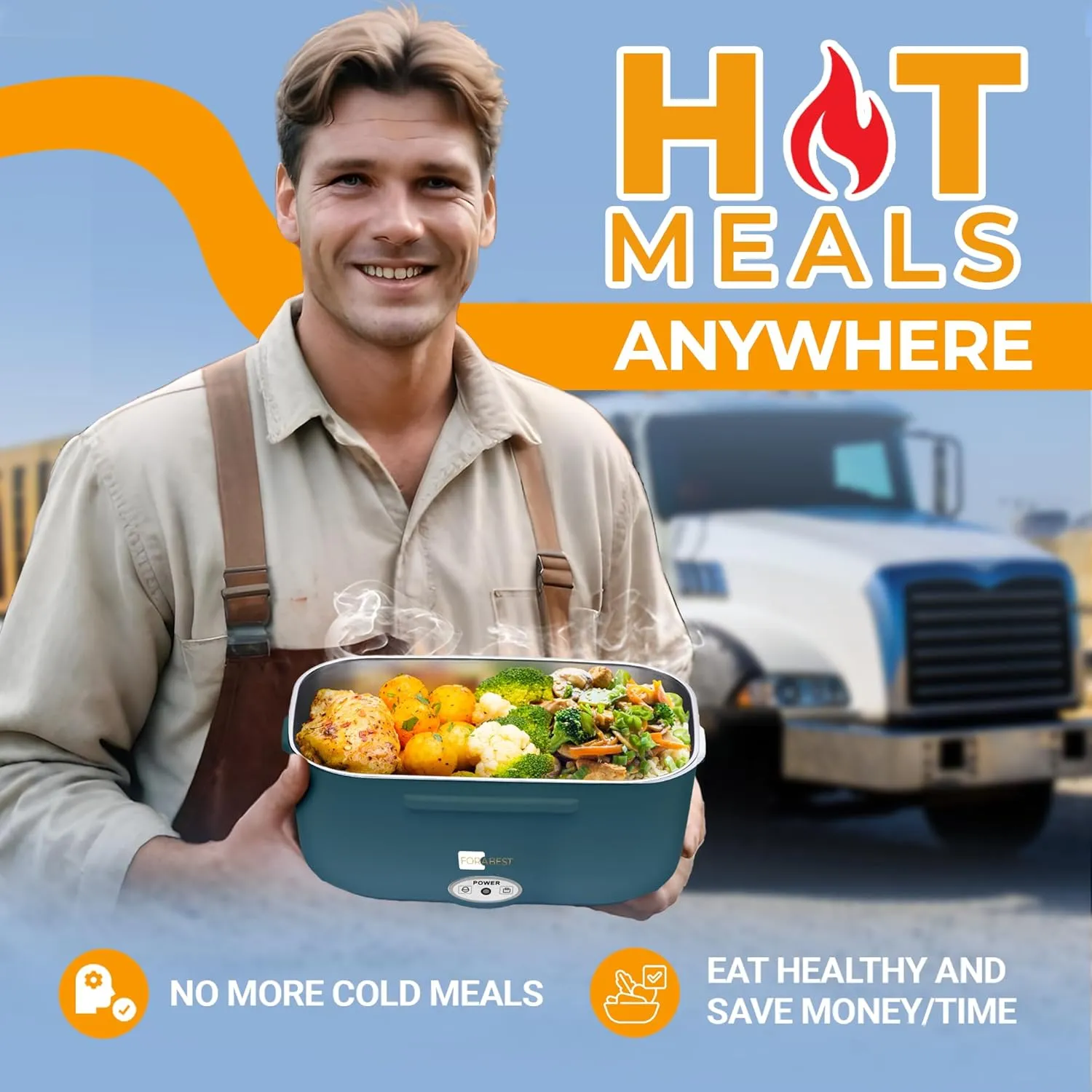 FORABEST Electric Lunch Box for Adults – 80W Fast-Heated Lunch Box, 1.5L Stainless Steel Portable Food Warmer, 12/24V for Car/Truck & 110/220V for Office/Travel – Lonchera Eléctrica Portátil