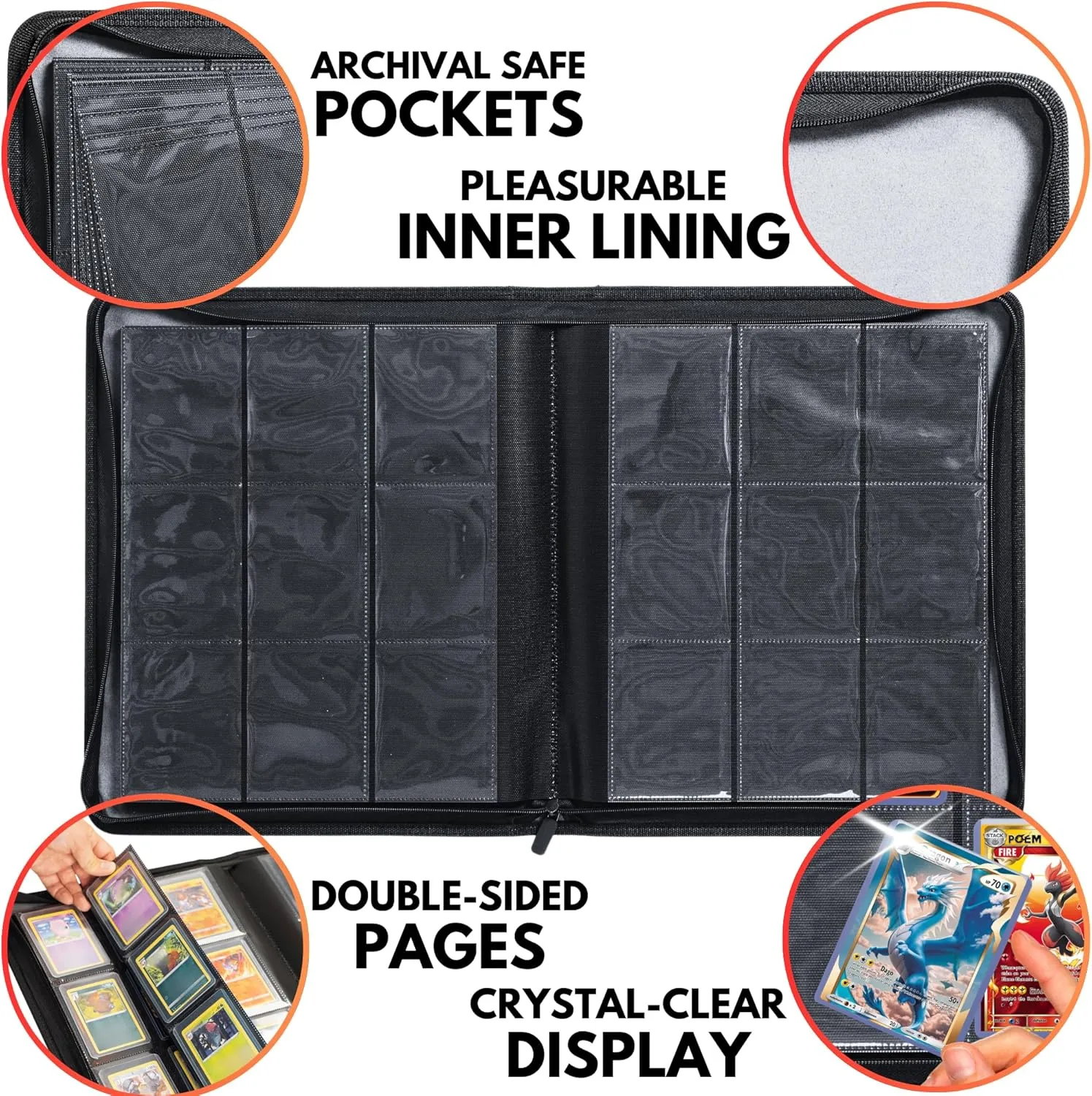 FORZAROCKET 9-Pocket Toploader Binder – Holds 252 Cards | Side-Loading, Ringless, Double-Sided Pages for 3x4" Top Loaders | TCG Card Storage Album with Card Display Window & Wristband (Red & White)