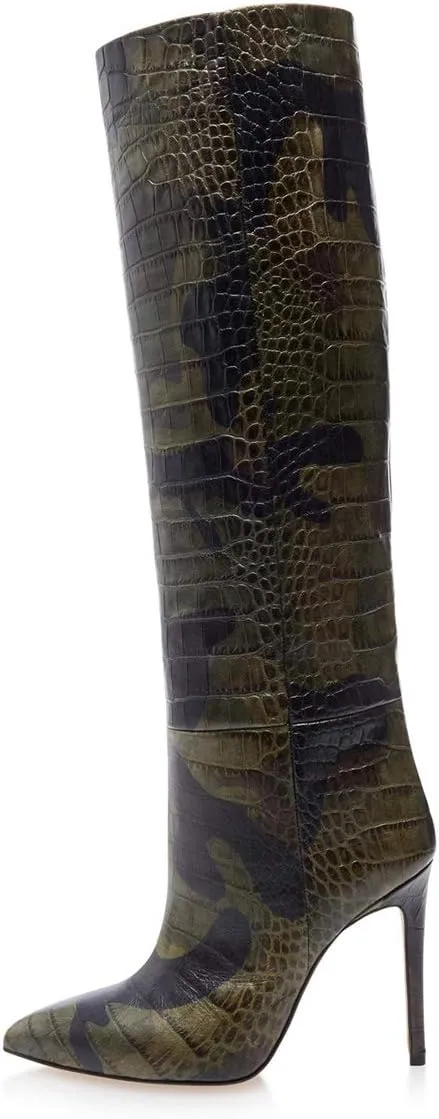 FOWT Women Fashion Crocodile Effect Pointed Toe Sitletto High Heel Straight Knee-High Boots Pull On Leather Winter Dress Long Boots Size 4-15 M US
