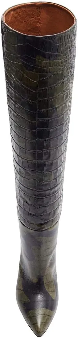 FOWT Women Fashion Crocodile Effect Pointed Toe Sitletto High Heel Straight Knee-High Boots Pull On Leather Winter Dress Long Boots Size 4-15 M US