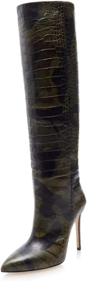 FOWT Women Fashion Crocodile Effect Pointed Toe Sitletto High Heel Straight Knee-High Boots Pull On Leather Winter Dress Long Boots Size 4-15 M US