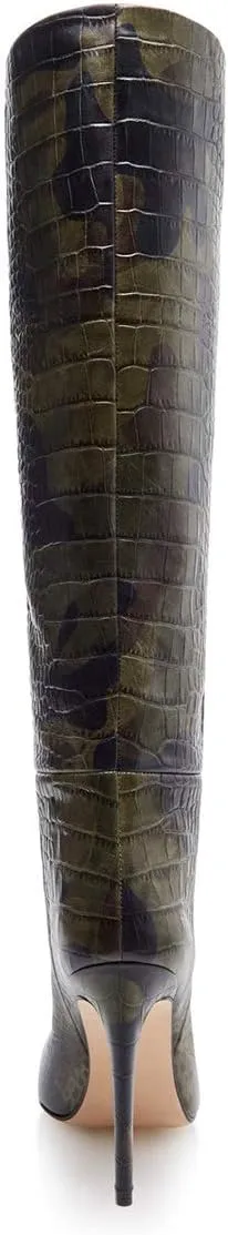 FOWT Women Fashion Crocodile Effect Pointed Toe Sitletto High Heel Straight Knee-High Boots Pull On Leather Winter Dress Long Boots Size 4-15 M US