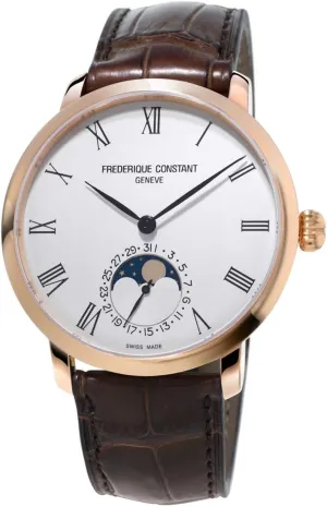 Frederique Constant Slimline Moonphase Mens Plated Rose Gold Watch with Numbers - 42mm Analog White Face Sapphire Crystal Brown Leather Band Swiss Automatic Moon Phase Watch for Men FC-705WR4S4