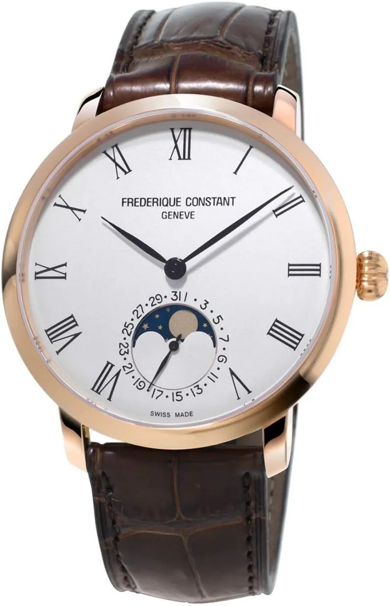 Frederique Constant Slimline Moonphase Mens Plated Rose Gold Watch with Numbers - 42mm Analog White Face Sapphire Crystal Brown Leather Band Swiss Automatic Moon Phase Watch for Men FC-705WR4S4