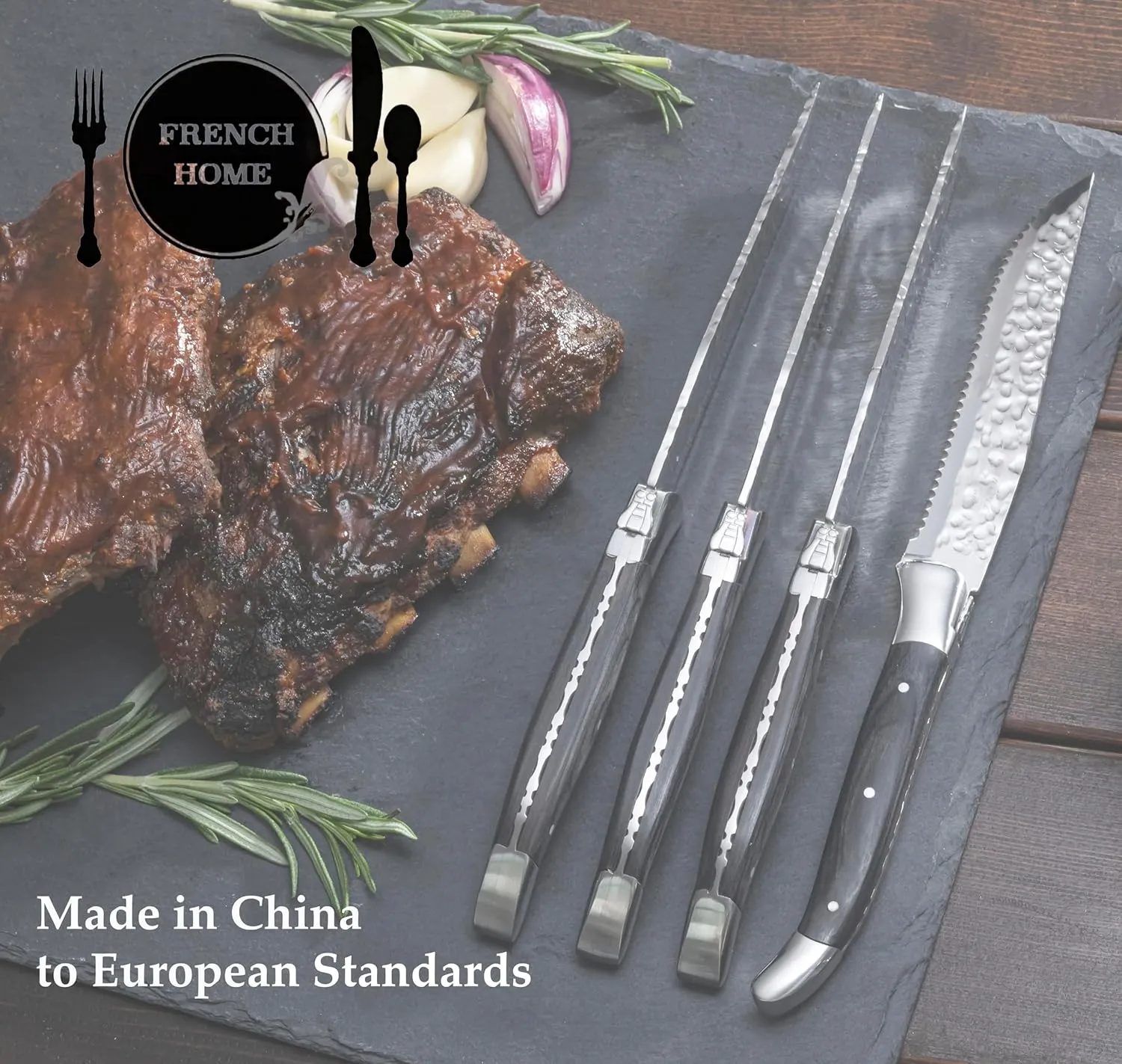 French Home Laguiole 4-Piece Steak Knife Set – Sophisticated Stainless Steel Dinner Knives with Pearlized White Handles & Iconic Bee Emblem – Serrated Knives for Smooth Cutting (9.25")
