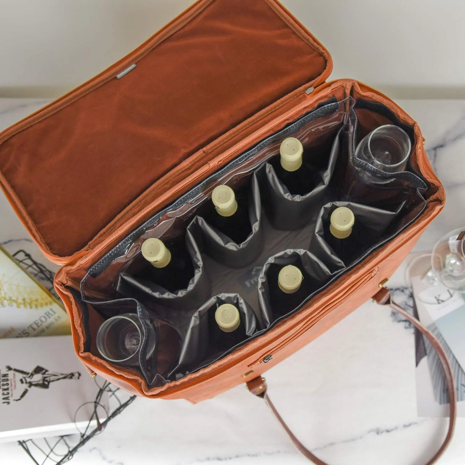 Freshore® Wine Leather Tote Cooler Insulated Bag - Luxury 2 Bottle Carrier Design For Lunch/Travel - Idea Gift For Women/Man