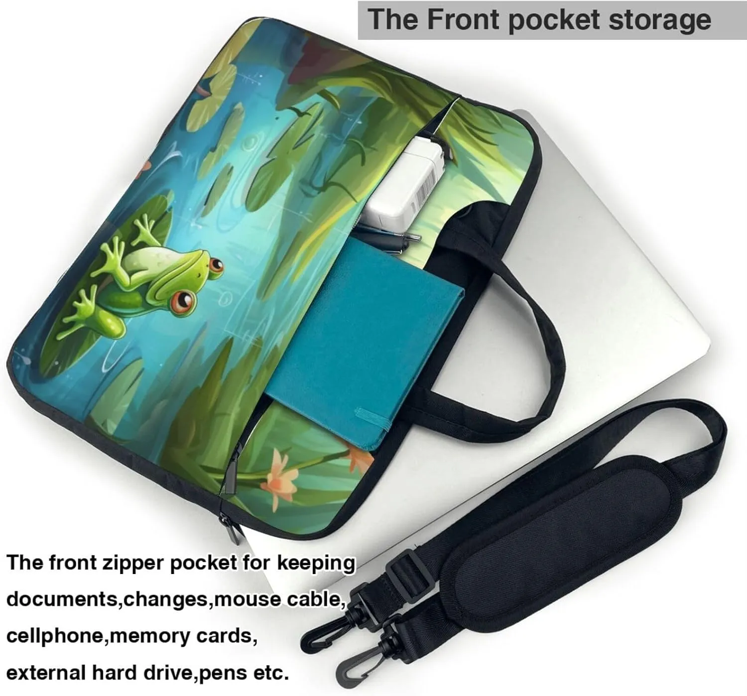 Frog in a pond Laptop Shoulder Bag Portable Laptop Bag Laptop Case Crossbody Briefcase w/Strap Handle