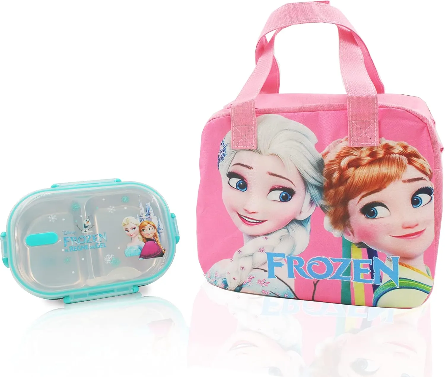 Frozen Princess Pink Zippered Insulated Food Bag   Light Blue Stainless Steel Compartment Bento Container Box with Clear Lid set for picnic