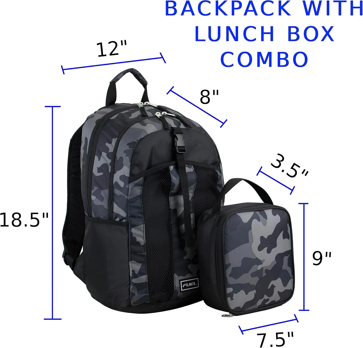 FUEL Lunch Backpack Set Teens Student Water Resistant Bookbag Bag Soft Reusable Insulated Cooler Lunch Box Thermal Travel Office Lunch Bag, Grey Camo