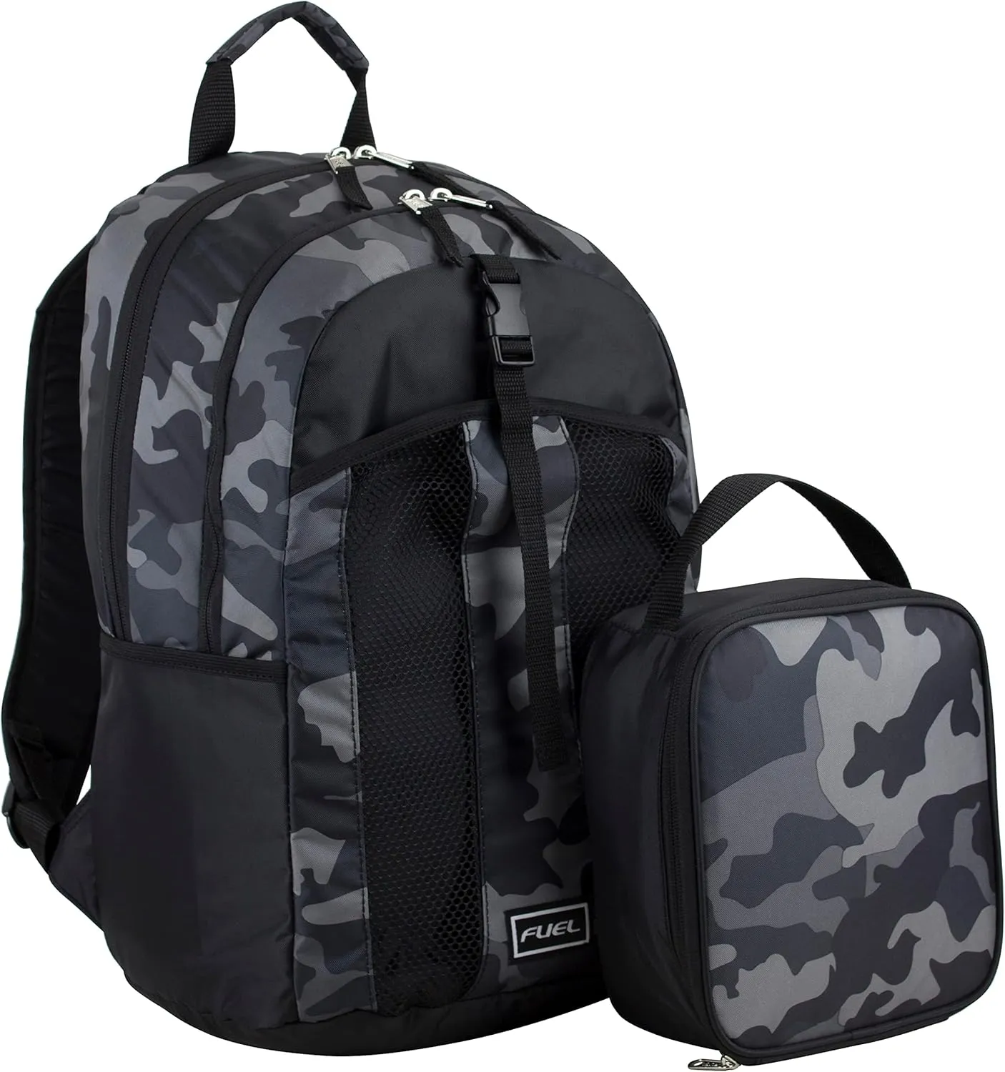 FUEL Lunch Backpack Set Teens Student Water Resistant Bookbag Bag Soft Reusable Insulated Cooler Lunch Box Thermal Travel Office Lunch Bag, Grey Camo