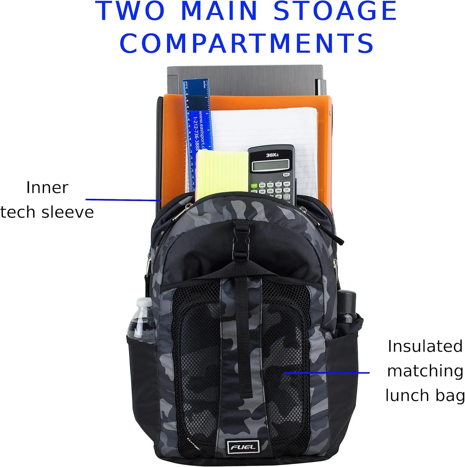 FUEL Lunch Backpack Set Teens Student Water Resistant Bookbag Bag Soft Reusable Insulated Cooler Lunch Box Thermal Travel Office Lunch Bag, Grey Camo