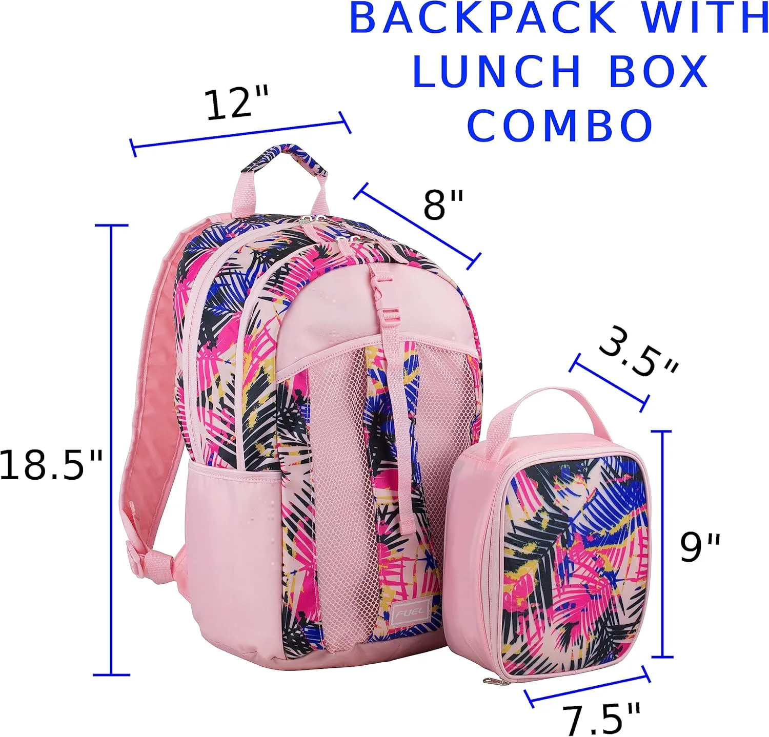 FUEL Lunch Backpack Set Teens Student Water Resistant Bookbag Bag Soft Reusable Insulated Cooler Lunch Box Thermal Travel Office Lunch Bag, Tropical Palm Trees
