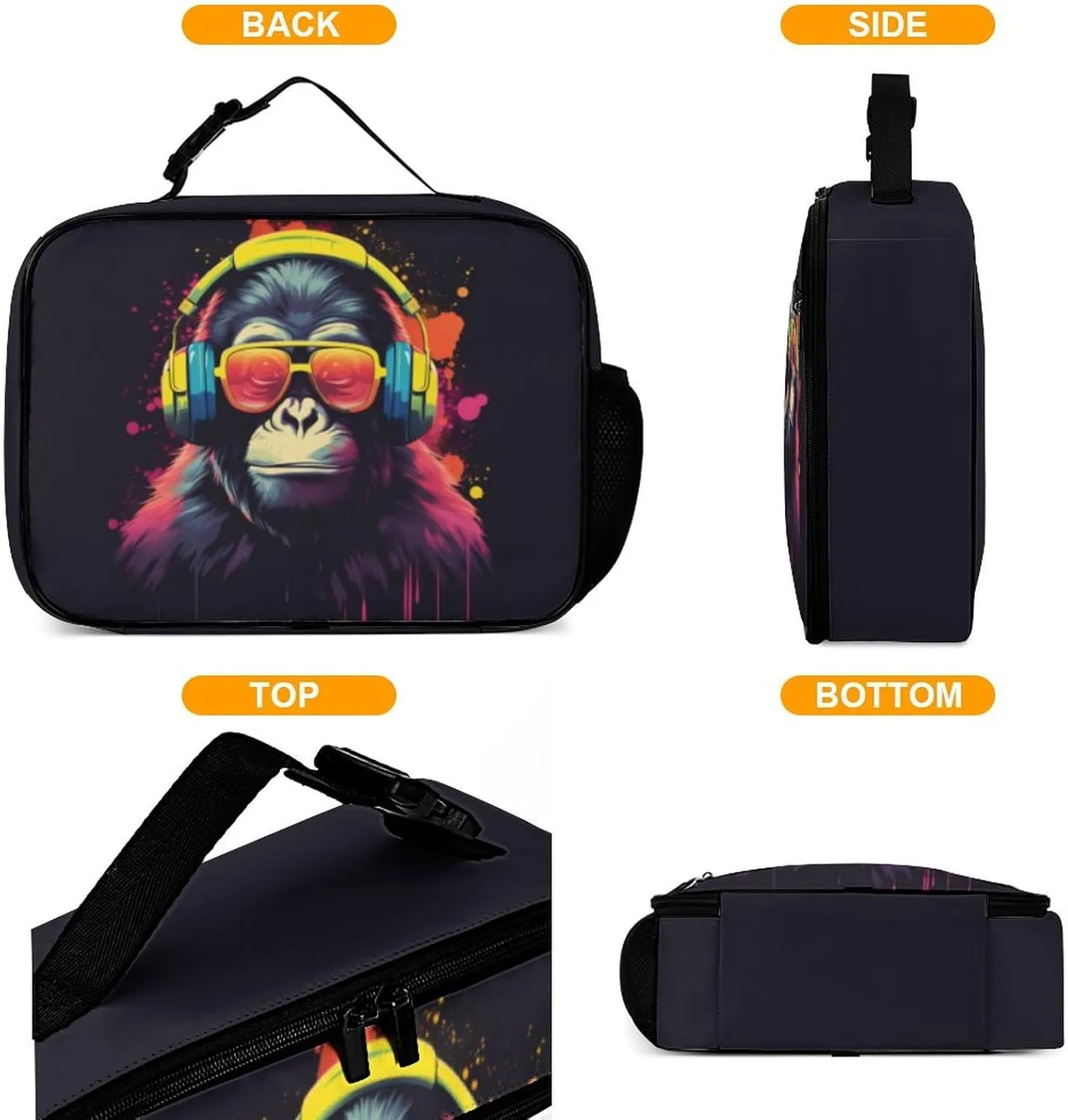 Funny Monkey Music Reusable Lunch Box Insulated Lunch Bag Cooler Bag Lunchbox Meal Food Container Tote Bag for Women Kids Girls Boy School Camping Hiking Picnic Beach Travel