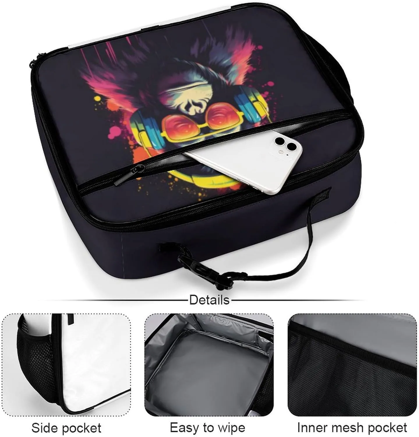 Funny Monkey Music Reusable Lunch Box Insulated Lunch Bag Cooler Bag Lunchbox Meal Food Container Tote Bag for Women Kids Girls Boy School Camping Hiking Picnic Beach Travel