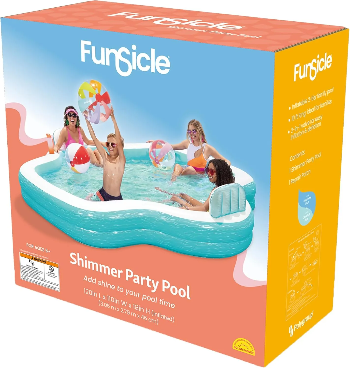 Funsicle: Shimmer Party Pool - 10ft Inflatable Lounge Pool, Teal & White, 120x110x18, Cup Holders, Comfortable Backrests, Outdoor Family Pool