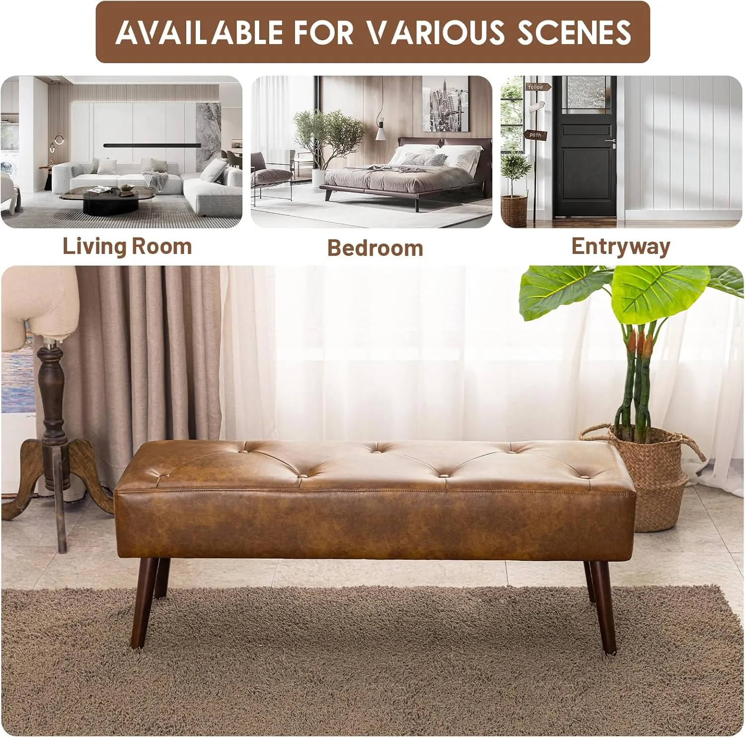 Furniliving 44 Inch Tufted Leather Bench, Leather Footrest Stool Bedroom Bench Seat, Upholstered Tufted Beathable Fabrics Ottoman Bench with X-Shaped Wood Legs for Kitchen, Solid Wood Indoor Bench