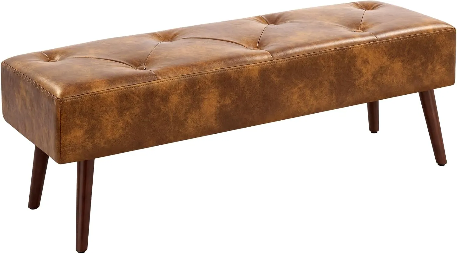 Furniliving 44 Inch Tufted Leather Bench, Leather Footrest Stool Bedroom Bench Seat, Upholstered Tufted Beathable Fabrics Ottoman Bench with X-Shaped Wood Legs for Kitchen, Solid Wood Indoor Bench