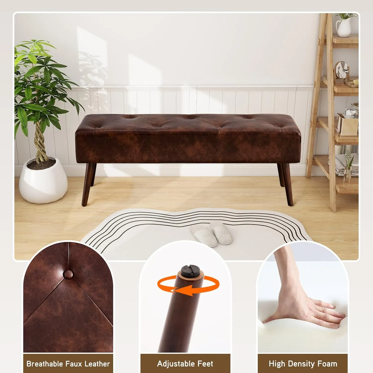 Furnimart Faux Leather Bench Ottoman, Tufted Button Bedroom Benches Footrest Stool in Solid Wood Legs, Long and Dining Bench, Indoor Bench for Entryway Living Room Bedroom (Leather-Darkbrown)