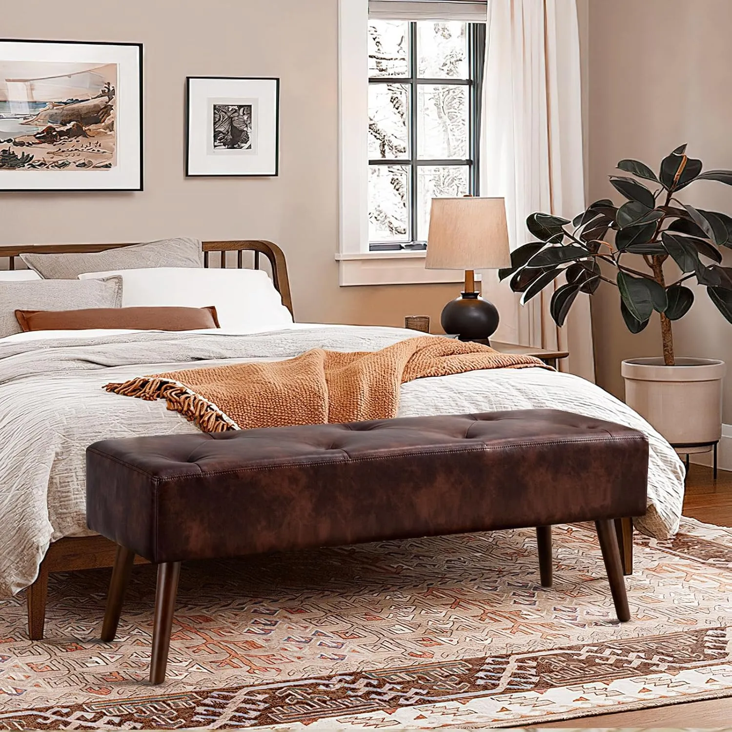 Furnimart Faux Leather Bench Ottoman, Tufted Button Bedroom Benches Footrest Stool in Solid Wood Legs, Long and Dining Bench, Indoor Bench for Entryway Living Room Bedroom (Leather-Darkbrown)