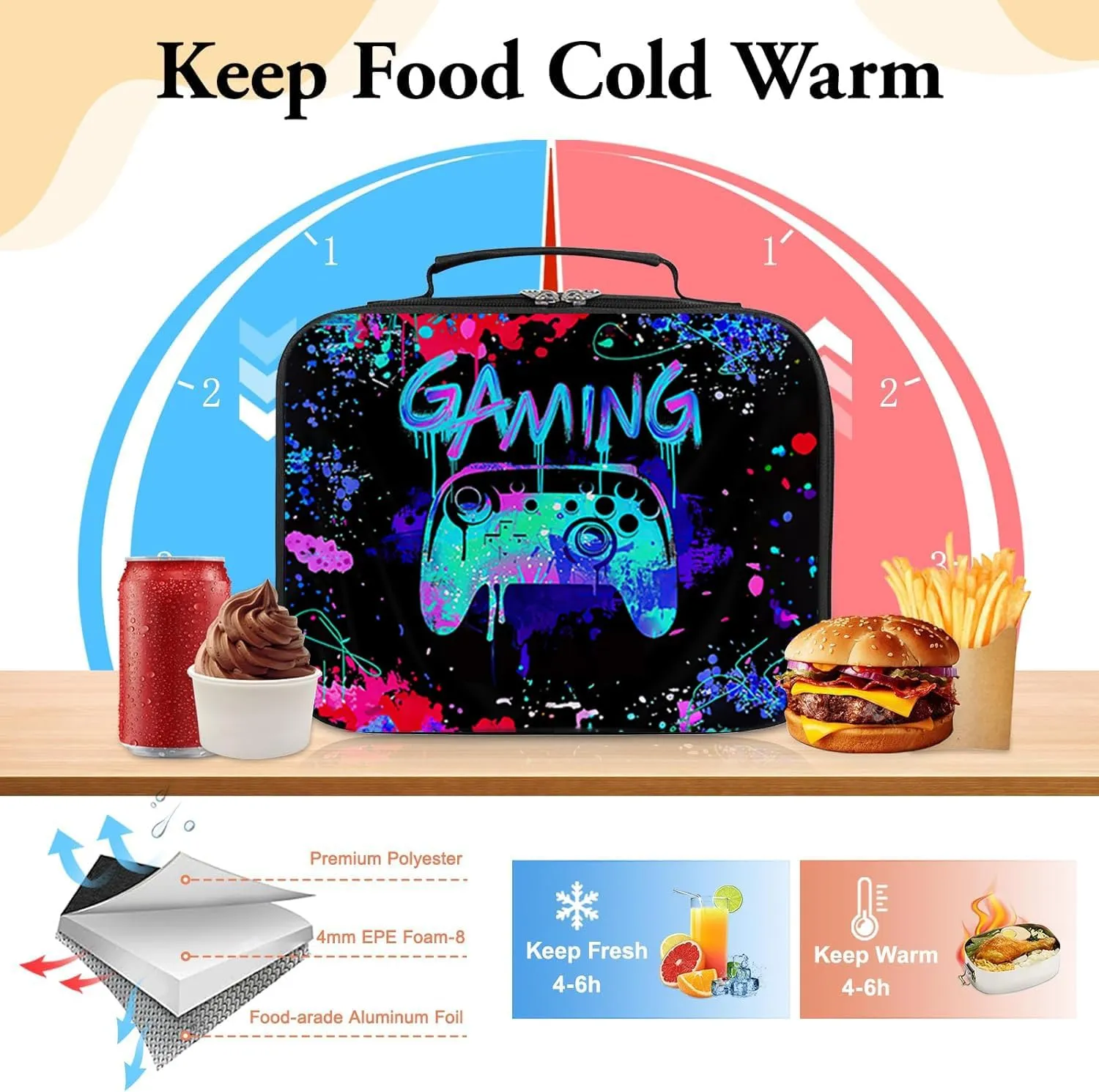 Gamer Lunch Box for Boys, Insulated Reusable Video Game Lunch Bag Portable Waterproof Leakproof Gaming Lunch Tote Bag Game boy Lunch Box for School Picnic Travel Back to School Gifts