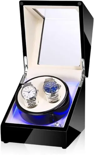 GaRcan Black Watch Winder Box for Double Automatic Watches, Automatic Winder Case, with Blue Led Light, Super Quiet Motor Accessories c, (A)