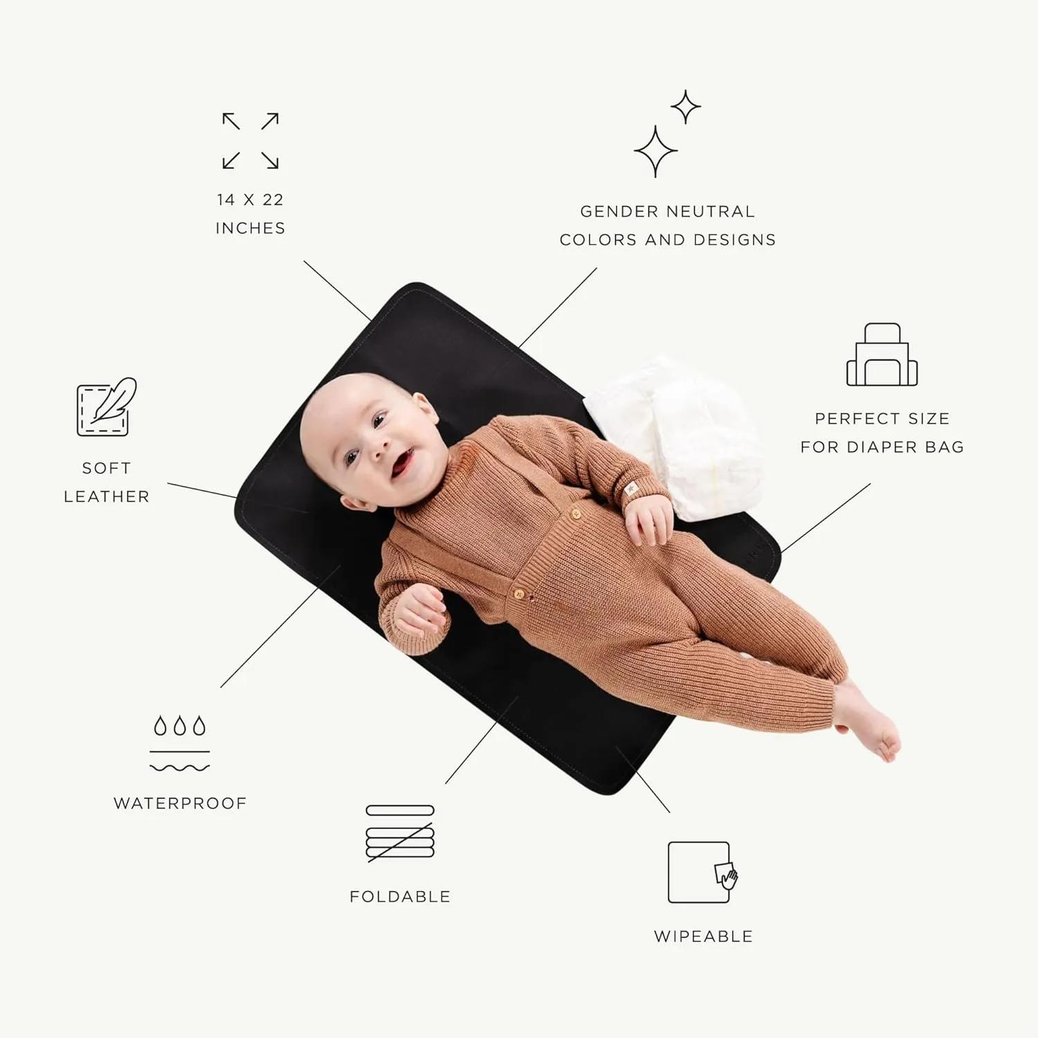 Gathre Wipeable Baby Changing Mat, Made of Premium, Soft, Water-Resistant Vegan Leather, Foldable Playmat for Babies, Home Nursery or Travel Use - Camel