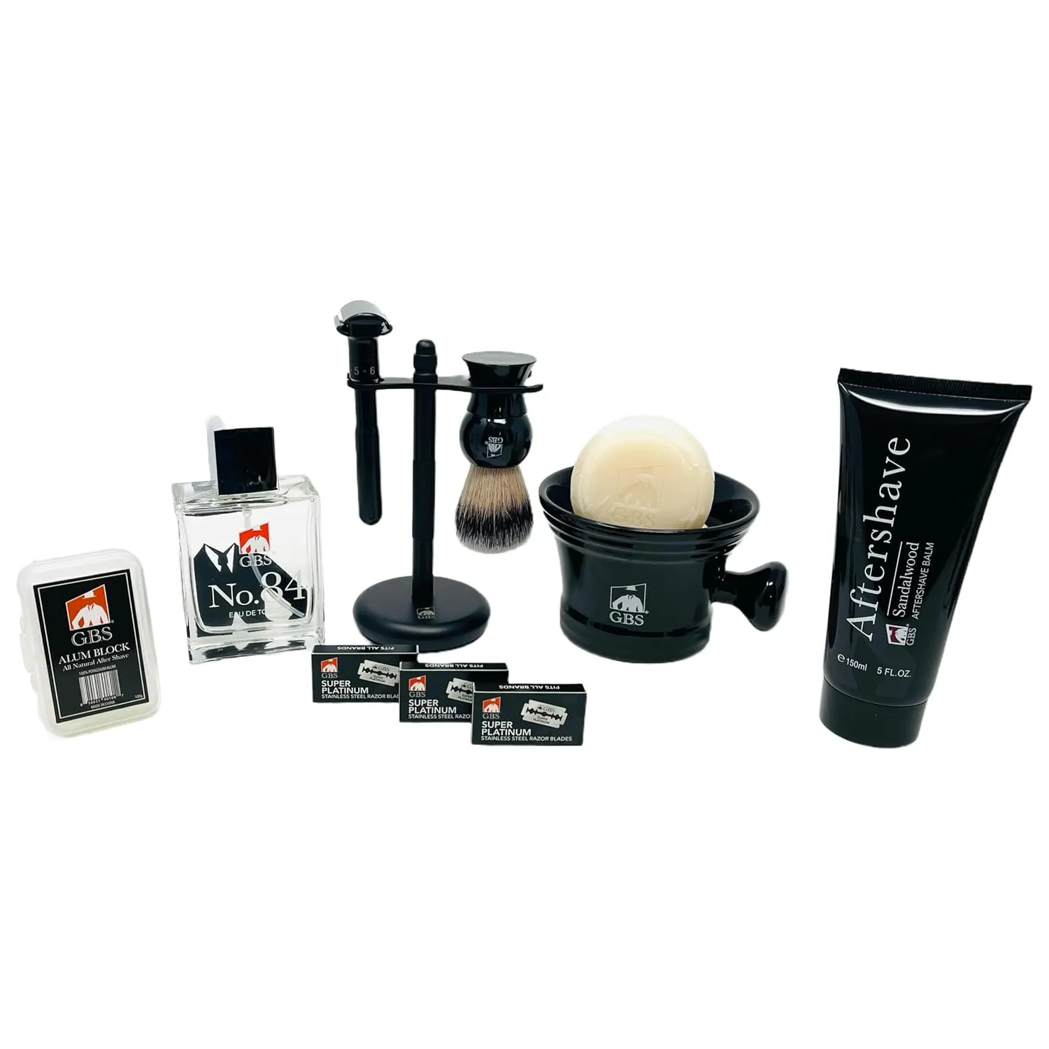 G.B.S 11 Piece Shaving Set - Double Edge Safety Razor Shaving Brush Stand Sandalwood Aftershave, Mug with Natural Soap and 30 Razor Blade Refills Adjustable Convenient Gift Set For Men