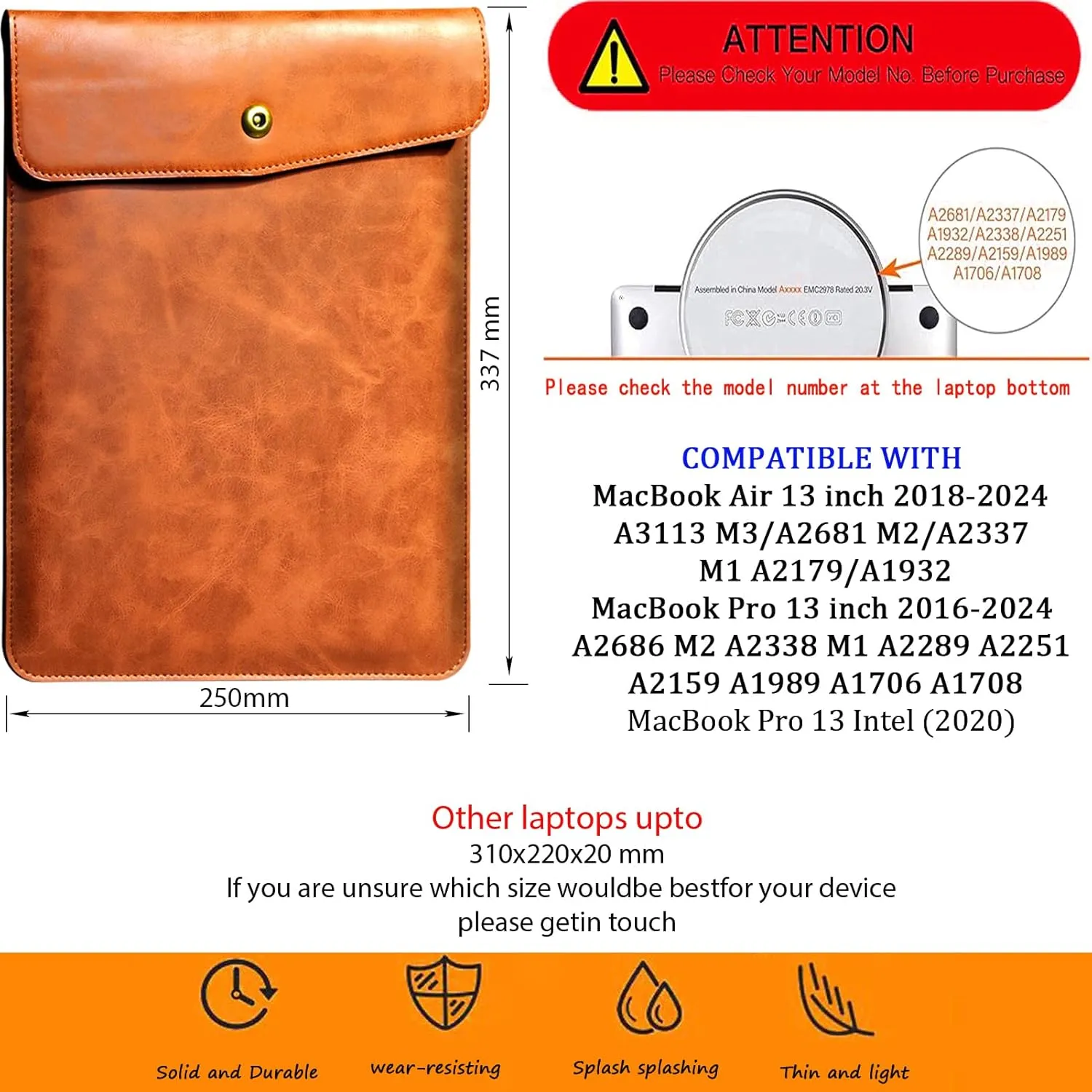 Genuine Leather Laptop Sleeve for 13 Inch MacBook Air M3 2024 M2 2022 M1 2020, Vertical Case for MacBook Pro M2 2022 M1 2020-2016, Brown