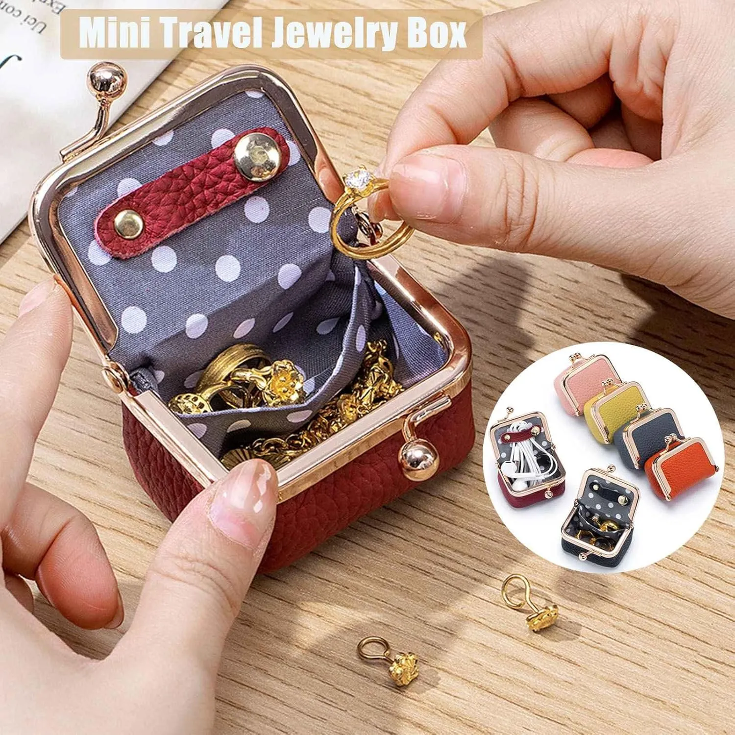 Genuine Leather Mini Jewelry Box, Mini Coin Purse Jewelry Case, Jewelry Case Kiss Lock, Travel Ring Box for Women for Earring/Ring/Necklace/Bracele (2 Pcs-D)