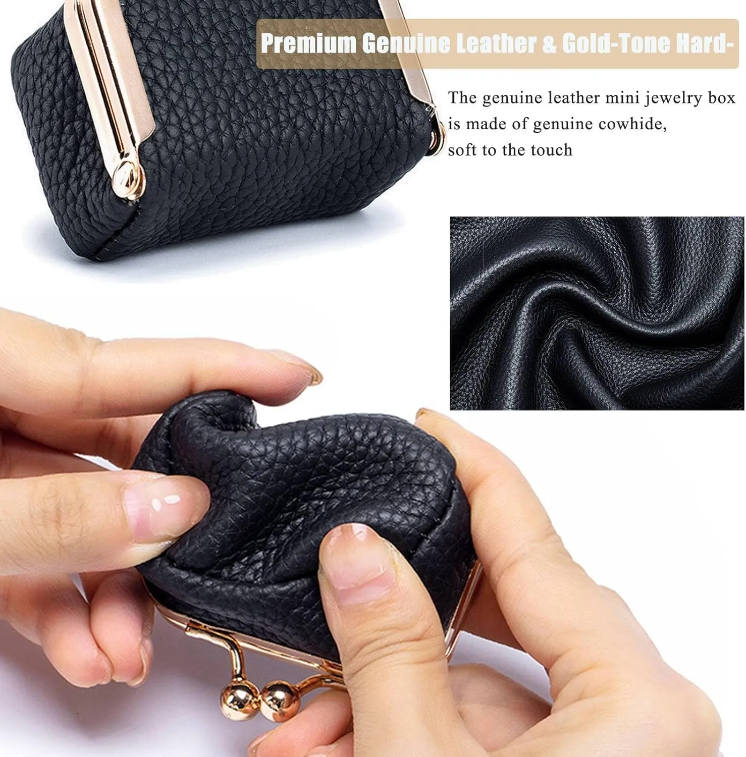 Genuine Leather Mini Jewelry Box, Mini Coin Purse Jewelry Case, Jewelry Case Kiss Lock, Travel Ring Box for Women for Earring/Ring/Necklace/Bracele (2 Pcs-D)