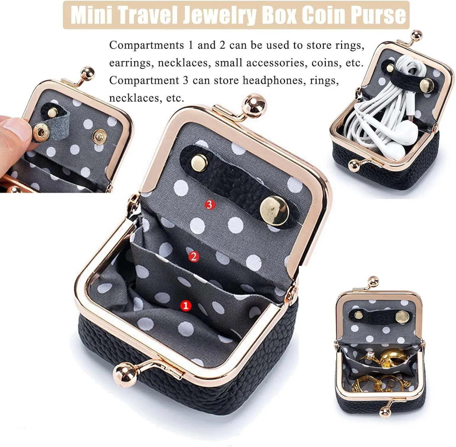 Genuine Leather Mini Jewelry Box, Mini Coin Purse Jewelry Case, Jewelry Case Kiss Lock, Travel Ring Box for Women for Earring/Ring/Necklace/Bracele (2 Pcs-D)