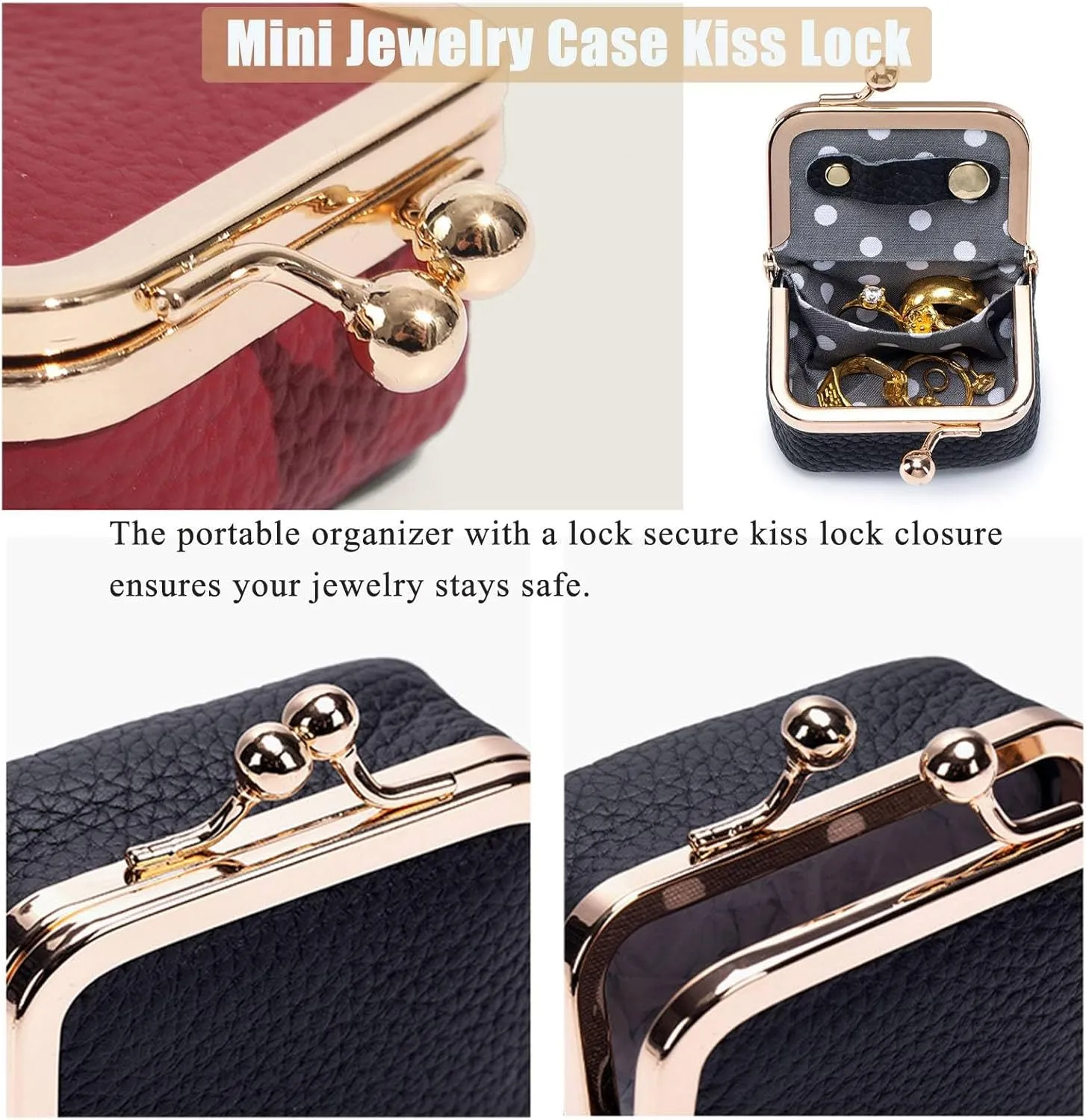 Genuine Leather Mini Jewelry Box, Mini Coin Purse Jewelry Case, Jewelry Case Kiss Lock, Travel Ring Box for Women for Earring/Ring/Necklace/Bracele (2 Pcs-D)