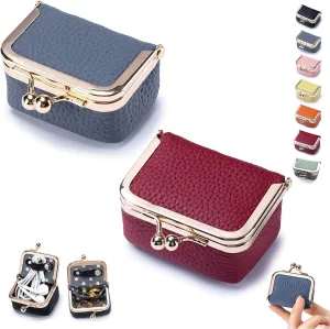 Genuine Leather Mini Jewelry Box, Mini Coin Purse Jewelry Case, Jewelry Case Kiss Lock, Travel Ring Box for Women for Earring/Ring/Necklace/Bracele (2 Pcs-D)