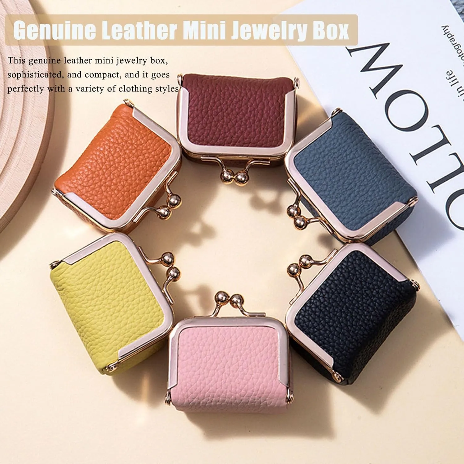 Genuine Leather Mini Jewelry Box, Mini Coin Purse Jewelry Case, Jewelry Case Kiss Lock, Travel Ring Box for Women for Earring/Ring/Necklace/Bracele (2 Pcs-D)
