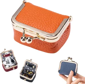 Genuine Leather Mini Jewelry Box,Mini Jewellery Travel Case for Women,Vintage Kiss Lock Coin Purse,Portable Travel Case for Earrings/Rings/Necklaces/Private Seal/Earphones (G-Orange 1pcs)