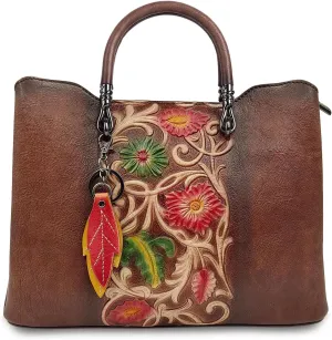 Genuine Leather Vintage Bag for Women: Cowhide Leather Crossbody Purse - Flower Embossed Handbag