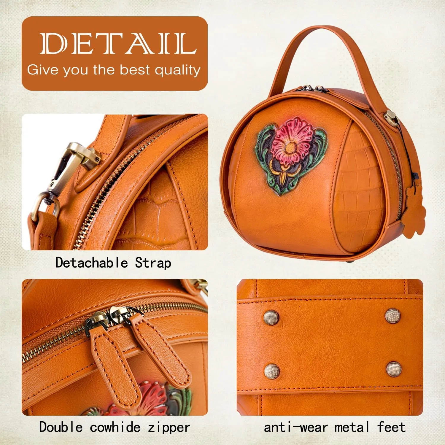 Genuine Leather Vintage Bag for Women - Cowhide Leather Crossbody Purse - Flower Embossed Handbag
