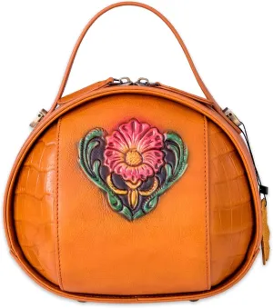 Genuine Leather Vintage Bag for Women - Cowhide Leather Crossbody Purse - Flower Embossed Handbag