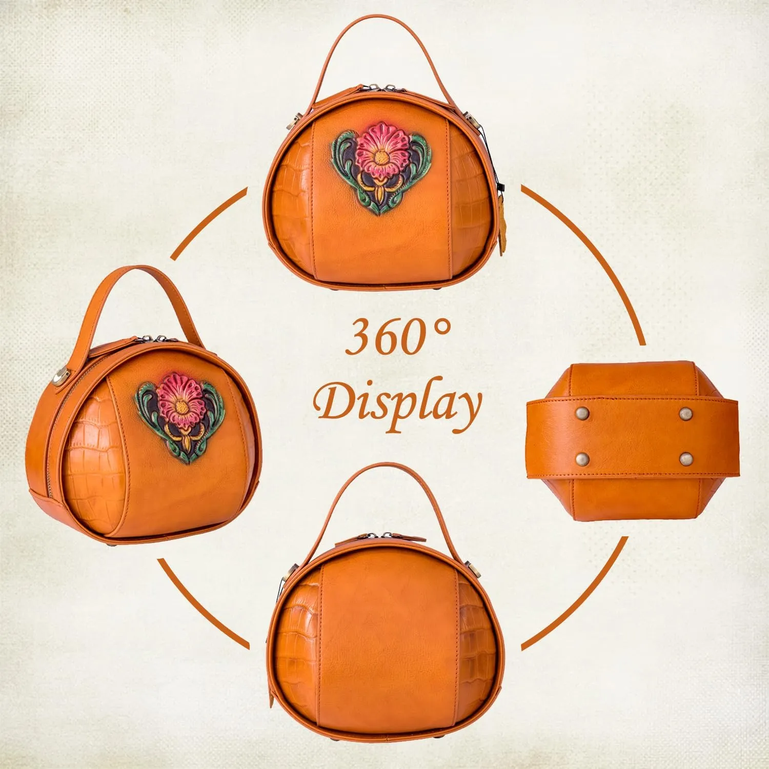 Genuine Leather Vintage Bag for Women - Cowhide Leather Crossbody Purse - Flower Embossed Handbag