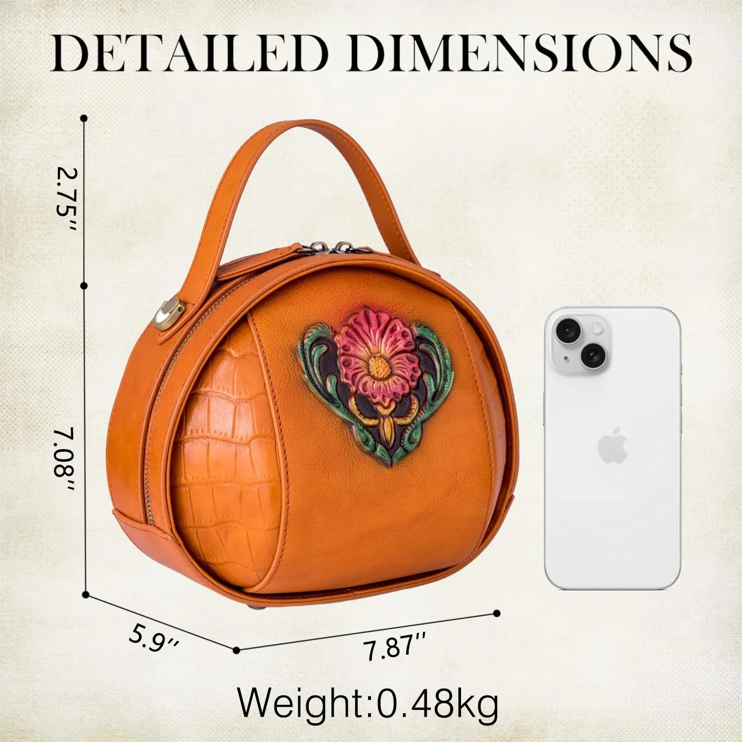 Genuine Leather Vintage Bag for Women - Cowhide Leather Crossbody Purse - Flower Embossed Handbag