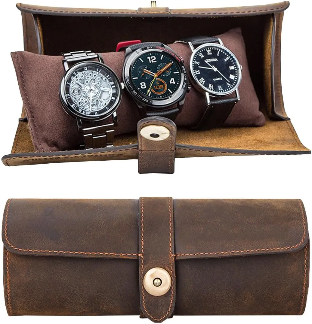 Genuine Leather Watch Roll Travel Case, Watch Travel Case for 3 Watches, Watches Box Organizer for Men, Leather 3-Watches Roll Case for Bracelets, Watch Storage Organizer Men's Accessories