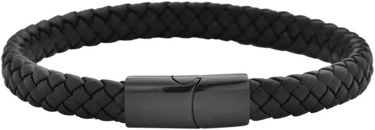 Geoffrey Beene Men's Braided Genuine Leather Bracelet with Stainless Steel Closure