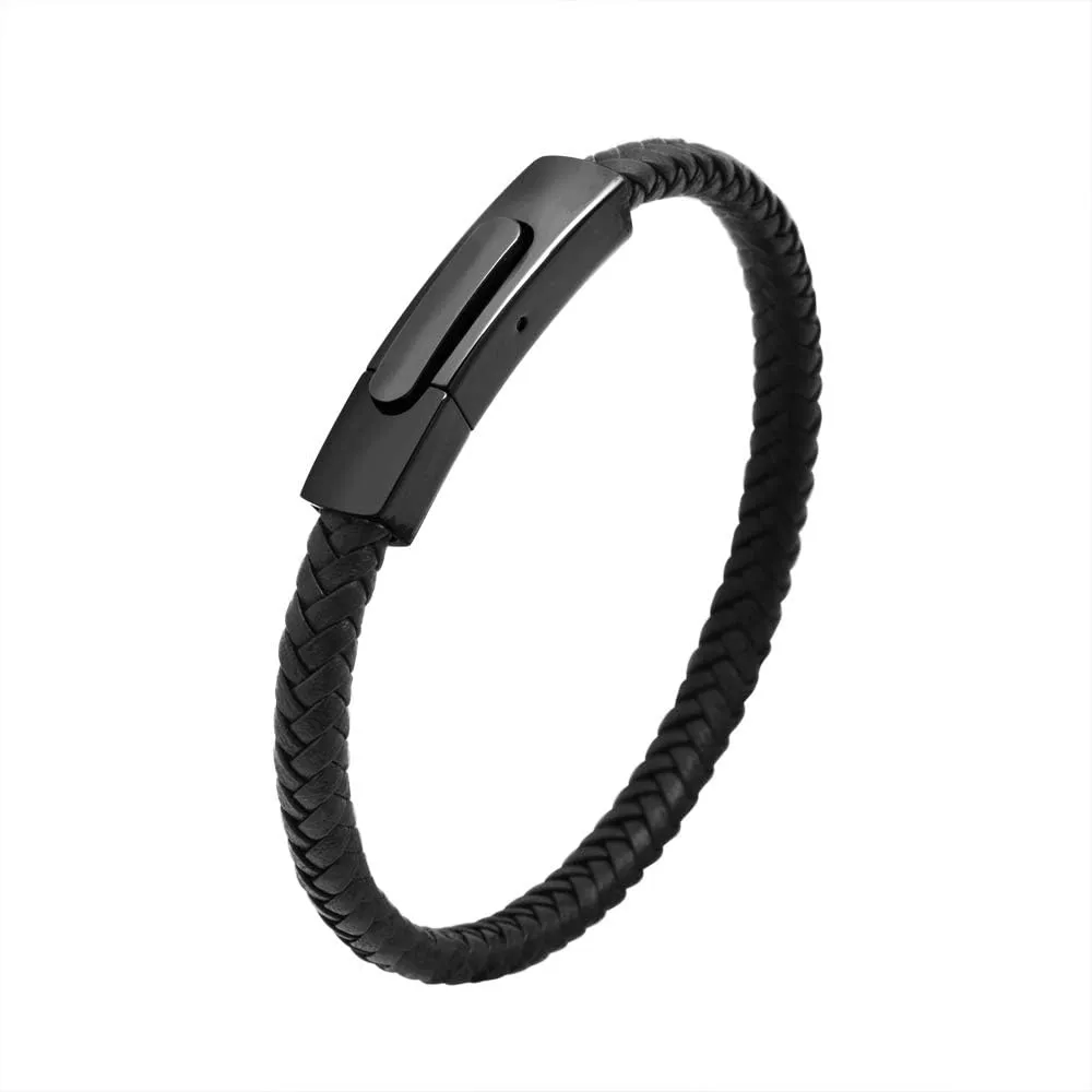 Geoffrey Beene Men's Braided Genuine Leather Fashion Bangle Bracelet with Stainless Steel Clasp