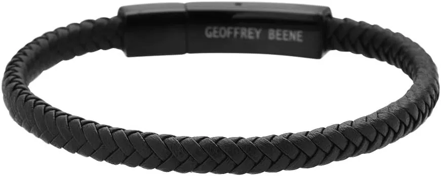Geoffrey Beene Men's Braided Genuine Leather Fashion Bangle Bracelet with Stainless Steel Clasp