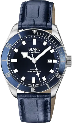 Gevril 48601-4 Men's Yorkville Swiss Automatic Watch, Genuine Leather Italian Blue Strap with Tang Buckle