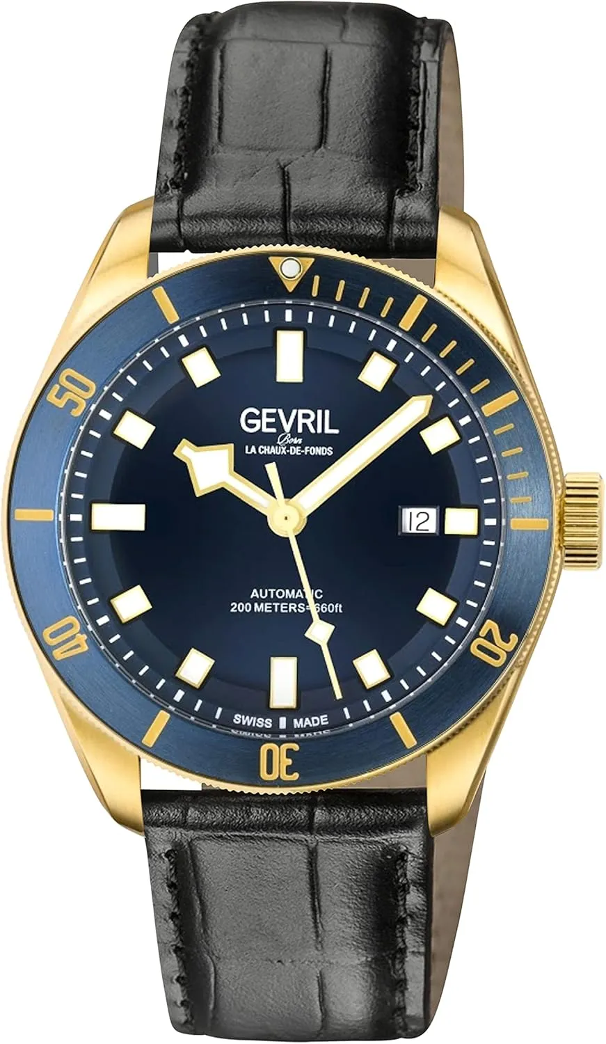 Gevril 48602-3 Men's Yorkville Swiss Automatic Watch, Genuine Leather Italian Black Strap with Tang Buckle