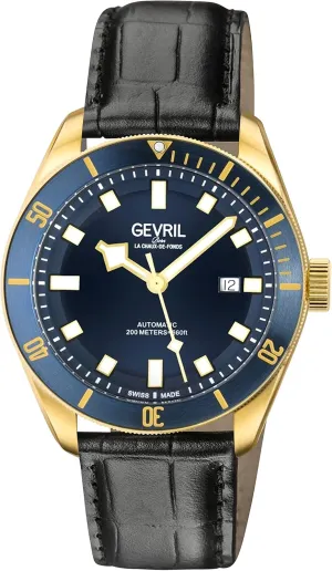Gevril 48602-3 Men's Yorkville Swiss Automatic Watch, Genuine Leather Italian Black Strap with Tang Buckle