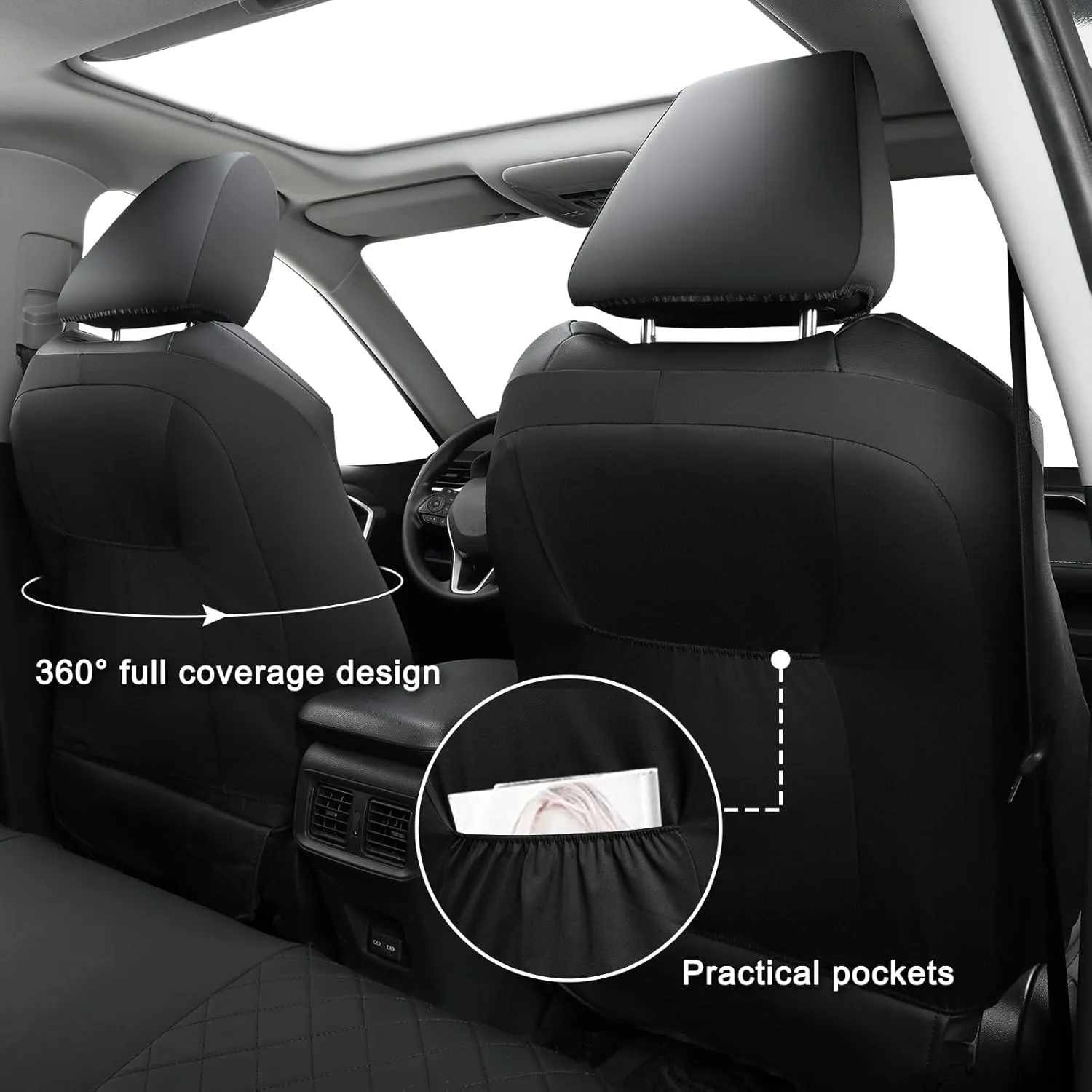 GIANT PANDA 2-Pack Front Car Seat Covers Custom Fit for Toyota Rav4 Hybrid SE/XSE 2019 2020 2021 2022 2023 2024 2025,Prime SE,Prime XSE 2021 2022 2023 2024,Leather Seat Covers, Polyester Fiber(Black)